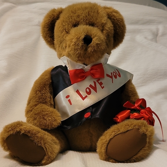 Build-A-Bear Brown Teddy with I Love You Sash & Red Roses - Picture 1 of 6